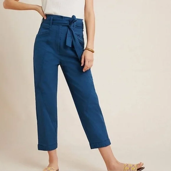 ANTHROPOLOGIE Ellie Belted Utility Pants Embroidered Blue Size 4 - Picture 1 of 16